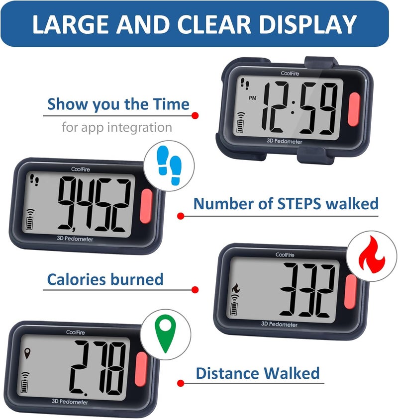 CoolFire - Pedometer, 2025 Indoor & Outdoor 3D Clip-On Pedometer, Accurate Step Counter for Walking Steps and Miles, Calories, Ankle Step Tracker for Fitness, Optional App - Image 3